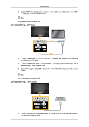 Page 242. Select 
BNC 
for  the  Camcorder  connection  using  the  Source  button  on  the  front  of  the
LCD Display or on the remote control.  Note
Applicable to the DX-2 model only.
Connecting Using a DVI Cable 1. Connect 
between 
 the DVI OUT port on the LCD Display and the input port on another
monitor using a DVI cable.
2. Connect between the AUDIO OUT port on the LCD Display and the audio input port on another monitor using a stereo cable.
3. Select DVI using the SOURCE button on the front of the LCD...