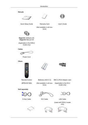 Page 10Manuals
Quick Setup Guide Warranty Card
(Not available in all loca-tions) User's Guide MagicInfo Software CD,
MagicInfo Manual CD
(Applicable to the DXN-2 model only)
Cables  
 
Power Cord   
Others Remote Control
(BP59-00138A) Batteries (AAA X 2)
(Not available in all loca- tions) BNC to RCA Adaptor Jack
(Applicable to the DX-2 model only)
Sold separately D-Sub Cable
DVI CableLAN Cable
(Used with DXN-2 model only) Introduction 