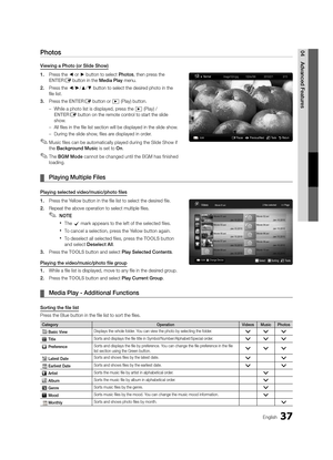 Page 3737English
04Advanced	FeaturesPhotos
Viewin\b	a	Photo	(or	Slide	Show)
1.	Press the ◄ or ► button to select \yPhotos, then press the 
ENTER
E button in the Media	Play menu\b
2.		 Press the ◄/►/▲/▼ button to select \ythe desired photo in the 
file list\b
3.	 Press the ENTER
E button or � (Play) button\b
 
– While a photo list\y is displayed, press the 
� (Play) / 
ENTERE button on the remote control to start the sl\yide 
show\b
 
– All files in the fil\ye list section wil\yl be displayed in th\ye slide...