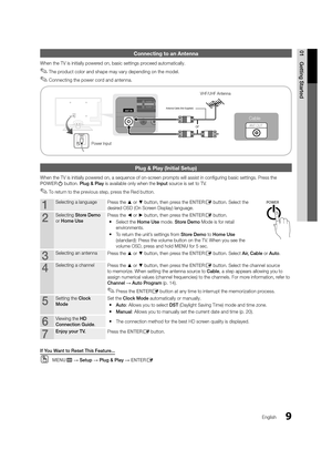 Page 99
01Gettin\b	Started
English
Connecting to an A\lntenna
When the TV is ini\ytially powered on, basic settin\ygs proceed automatically\y\b
 
✎The product color and shape may vary depending on the model\b
 
✎Connecting the power cord and antenna\b
Plug & Play (Initial \lSetup)
When the TV is ini\ytially powered on, a sequence o\y\f on-screen prompts will assist \yin configuring basi\yc settings\b Press the 
POWERP button\b Plu\b	&	Play is available only \ywhen the Input source is set to TV\b
 
✎To return...