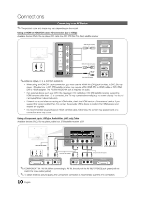 Page 1010English
Connections
Connecting to an A\lV De\fice
 
✎The product color and shape may vary depending on the model\b
Usin\b	an	HDMI	or	HDMI/DVI	cable:	HD	connection	(up	to	1080p)
Available devices: D\yVD, Blu-ray player, HD cable box, HD\y STB (Set-Top-Box) satellite \yreceiver
 
✎HDMI	IN	1(DVI) ,	2,	3,	4, PC/DVI	AUDIO	IN
 
xWhen using an HDMI/DVI cable connection, you must use the HDMI	IN	1(DVI) jack \for video\b A DVD, Blu-ray 
player, HD cable box, or HD STB satellite receiver may require a DVI-HDMI...