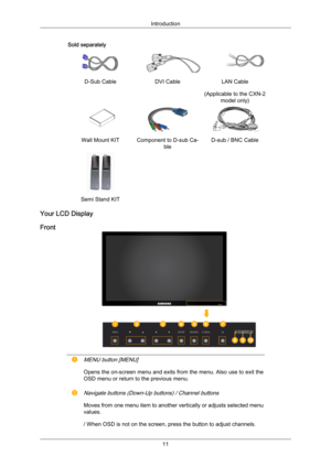 Page 12Sold separately
D-Sub Cable
DVI CableLAN Cable
(Applicable to the CXN-2 model only) Wall Mount KIT Component to D-sub Ca-
bleD-sub / BNC Cable  
 
Semi Stand KIT   
Your LCD Display
FrontMENU button [MENU]
Opens the on-screen menu and exits from the menu. Also use to exit the
OSD menu or return to the previous menu.
Navigate buttons (Down-Up buttons) / Channel buttons
Moves from one menu item to another vertically or adjusts selected menu
values.
/ When OSD is not on the screen, press the button to...