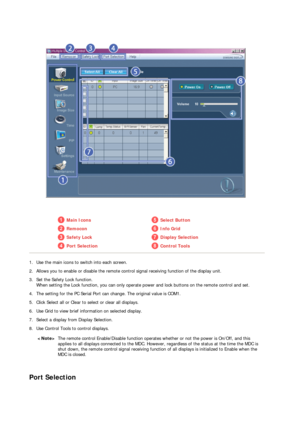 Page 49 
  
Main IconsSelect Button
RemoconInfo Grid
Safety LockDisplay Selection
Port SelectionControl Tools 
1. Use the main icons to switch into each screen.
2. Allows you to enable or disable the remote control signal receiving function of the display unit. 
3. Set the Safety Lock function. 
When setting the Lock function, you can only operate power and lock buttons on the remote control and set.
4. The setting for the PC Serial Port can change. The original value is COM1. 
5. Click Select all or Clear to...