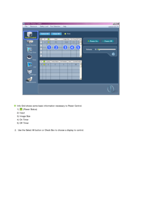 Page 51 
Info Grid shows some basic information necessary to Power Control.
 
1)  (Power Status)
 2) Input 
  3) Image Size
  4) On Timer
  5) Off Timer
2. Use the Select All button or Check Box to choose a display to control. 