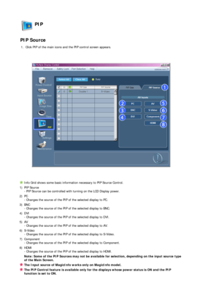 Page 59 PIP  
 
PIP Source
1. Click PIP of the main icons and the PIP control screen appears.
Info Grid shows some basic information necessary to PIP Source Control.
1)  PIP Source  
- PIP Source can be controlled with turning on the LCD Display power. 
2) PC  
- Changes the source of the PIP of the selected display to PC. 
3) BNC  
- Changes the source of the PIP of the selected display to BNC. 
4) DVI  
- Changes the source of the PIP of the selected display to DVI. 
5) AV  
- Changes the source of the PIP of...