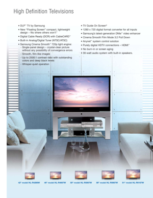 Page 3• DLP™TV by Samsung
• New “Floating Screen” compact, lightweight
design – fits where others won’t
™
• Digital Cable Ready (DCR) with CableCARD™
• Built-in Analog/Digital Tuner (NTSC/ATSC)
• Samsung Cinema Smooth
™720p light engine:
- Single-panel design – crystal-clear picture 
without any possibility of convergence errors
- Smooth, film-like images
- Up to 2500:1 contrast ratio with outstanding 
colors and deep black levels
- Whisper-quiet operation• TV Guide On Screen
®
• 1280 x 720 digital format...