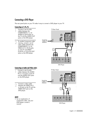 Page 21English - 21
Connecting a DVD Player
The rear panel jacks on your TV make it easy to connect a DVD player to your TV.
Connecting to Y, PB, PR
1
Connect a set of audio
cables between the 
COMPONENT (1 or 2)
AUDIO (L, R) IN jacks on 
the TV and the AUDIO OUT
jacks on the DVD player.
2
To enable Component video
viewing, connect a set of 
video cables between the 
COMPONENT (1 or 2) 
VIDEO (Y, P
B, PR) IN jacks 
on  the TV and VIDEO 
(Y/P
B/PRor Y/CB/CR) OUT 
jacks on the DVD player.  
Connecting to Audio...