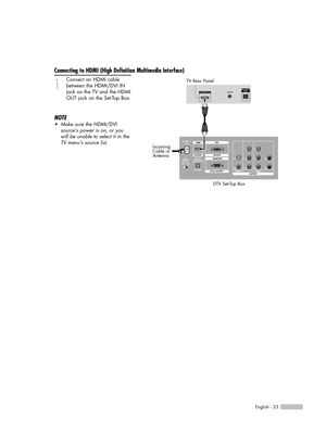 Page 23English - 23
Connecting to HDMI (High Definition Multimedia Interface)
1
Connect an HDMI cable
between the HDMI/DVI IN 
jack on the TV and the HDMI
OUT jack on the Set-Top Box.
NOTE
•Make sure the HDMI/DVI
source’s power is on, or you
will be unable to select it in the
TV menu’s source list.
TV Rear Panel
DTV Set-Top Box Incoming
Cable or 
Antenna
BP68-00524A-00(016~025)  6/3/05  3:17 PM  Page 23 