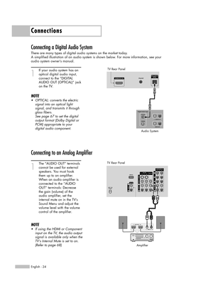 Page 24Connecting a Digital Audio System
There are many types of digital audio systems on the market today.
A simplified illustration of an audio system is shown below. For more information, see your
audio system owner’s manual.
1
If your audio system has an
optical digital audio input,
connect to the “DIGITAL
AUDIO OUT (OPTICAL)” jack
on the TV.
NOTE
•OPTICAL: converts the electric
signal into an optical light
signal, and transmits it through
glass fibers.
See page 67 to set the digital
output format (Dolby...