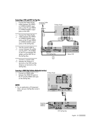 Page 25English - 25
Connecting a VCR and DTV Set-Top Box
1
Connect the Video/Audio
cables between the VIDEO 
or S-VIDEO/AUDIO input
jacks on the TV and VIDEO 
or S-VIDEO/AUDIO output 
jacks on the VCR.
2
Connect the Video/Audio
cables between the VIDEO 
or S-VIDEO/AUDIO input
jacks on the TV and VIDEO 
or S-VIDEO/AUDIO output 
jacks on the Set-Top Box.
3
Use the coaxial cable to 
connect between the splitter 
and the ANT 1 IN (CABLE) 
on the TV and between the 
splitter and the ANT IN on 
the Set-Top Box.
4...