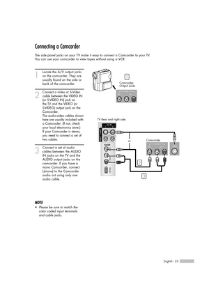 Page 23Connecting a Camcorder
The side panel jacks on your TV make it easy to connect a Camcorder to your TV.
You can use your camcorder to view tapes without using a VCR.
1
Locate the A/V output jacks
on the camcorder. They are
usually found on the side or
back of the camcorder.
2
Connect a video or S-Video
cable between the VIDEO IN 
(or S-VIDEO IN) jack on 
the TV and the VIDEO (or 
S-VIDEO) output jack on the 
Camcorder.
The audio-video cables shown
here are usually included with
a Camcorder. (If not, check...