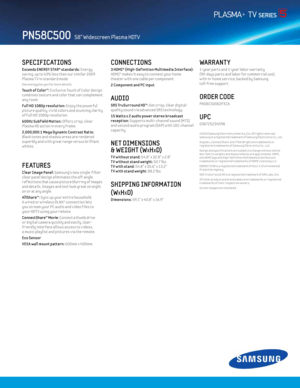 Page 2SPECIFICATIONS 
E xceeds ENERGY STAR® standards: Energy 
sav ing, up to 43% less than our similar 2009 
Plasma T V in standard mode.
See energystar.gov for more detai ls. 
Touch of Color™: E xclusive Touch of Color design 
combines texture and color that can complement 
any room.
Ful l Hd 1080p resolut ion: Enjoy the powerful 
picture quality, v iv id colors and stunning clar ity 
of Ful l HD 1080p resolut ion.
600Hz Subf ield Mot ion: Offers cr isp, clear 
Plasma HD act ion in every frame.
2,000,000:1...