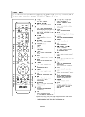 Page 8English-8
Remote Control
You can use the remote control up to a distance of about 23 feet from the TV. When using the remote, always point it directly at the TV. 
You can also use your remote control to operate your VCR, Cable box, DVD player, or Set-Top Box.
ŒPOWER
Turns the TV on and off.
´NUMERIC BUTTONS
Press to directly select a channel.
ˇ–
Press to select additional channels
(digital and analog) being broadcast by
the same station. For example, to
select channel “54-3”, press “54”, then
press “–
”...