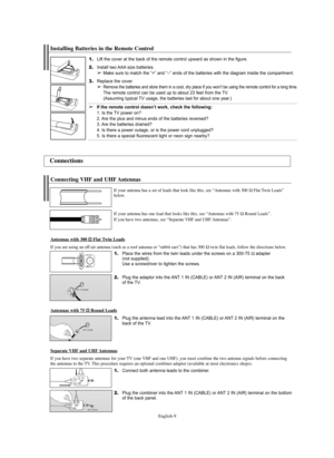 Page 9English-9
1.Place the wires from the twin leads under the screws on a 300-75Ωadapter 
(not supplied). 
Use a screwdriver to tighten the screws.
2.Plug the adaptor into the ANT 1 IN (CABLE) or ANT 2 IN (AIR) terminal on the back 
of the TV.
Connecting VHF and UHF Antennas
If your antenna has a set of leads that look like this, see “Antennas with 300 ΩFlat Twin Leads”
below.
If your antenna has one lead that looks like this, see “Antennas with 75 
ΩRound Leads”.
If you have two antennas, see “Separate VHF...