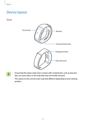 Page 8Basics
8
Device layout
Gear
Back key
Home key (Power key)
Touchscreen
Heart rate sensor Charging terminals
• Ensure that the strap is kept clean. Contact with contaminants, such as dust and 
dye, can cause stains on the strap that may not be fully removed.
• The colours on the curved screen may look different depending on your viewing 
position.   