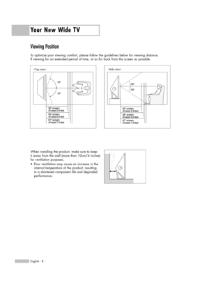 Page 8Viewing Position
To optimize your viewing comfort, please follow the guidelines below for viewing distance. 
If viewing for an extended period of time, sit as far back from the screen as possible.
Your New Wide TV
English - 8
When installing the product, make sure to keep
it away from the wall (more than 10cm/4 inches)
for ventilation purposes.
•  Poor ventilation may cause an increase in the 
internal temperature of the product, resulting 
in a shortened component life and degraded 
performance....