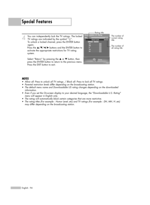 Page 94Special Features
English - 94
4
You can independently lock the TV ratings. The locked
TV ratings are indicated by the symbol “ ”. 
To unlock a locked channel, press the ENTER button
again.
Press the …/†/œ/√ buttons and the ENTER button to
activate the appropriate restrictions for TV rating
system.
Select “Return” by pressing the …or † button, then
press the ENTER button to return to the previous menu.
Press the EXIT button to exit.
NOTES
•Allow all: Press to unlock all TV ratings. / Block all: Press to...