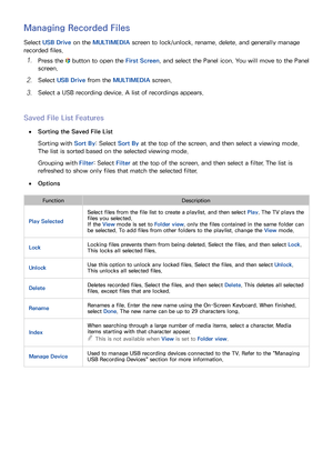 Page 124118
Managing Recorded Files
Select USB Drive  on the MULTIMEDIA  screen to lock/unlock, rename, delete, and generally manage 
recorded files.
11 Press the  button to open the  First Screen, and select the Panel icon. You will move to the Panel 
screen.
21 Select  USB Drive  from the MULTIMEDIA screen.
31 Select a USB recording device. A list of recordings appears.
Saved File List Features
 
●Sorting the Saved File List
Sorting with  Sort By: Select  Sort By at the top of the screen, and then select a...