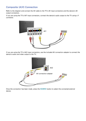 Page 171011
Composite (A/V) Connection
Refer to the diagram and connect the AV cable to the TV's AV input connectors and the device's AV 
output connectors.
If you are using the TV's AV1 input connectors, connect the device's audio output to the TV using a Y 
connector.
AV 1
If you are using the TV's AV2 input connectors, use the included AV connection adapter to connect the 
device's audio and video output to the TV.
AV 2
AV connection adapter
Once the connection has been made, press...