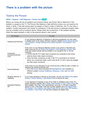 Page 188182
There is a problem with the picture
Testing the Picture
MENU > Support >  Self Diagnosis >  Picture Test Try Now
Before you review the list of problems and solutions below, use Picture Test to determine if the 
problem is caused by the TV. The Picture Test displays a high definition picture you can examine for 
flaws or faults. If the test picture does not appear or there is noise or distortion, the TV may have a 
problem. Contact Samsung’s Call Center for assistance. If the test picture is displayed...