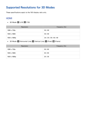 Page 202196
Supported Resolutions for 3D Modes
These specifications apply to the 16:9 display ratio only.
HDMI
 
●3D Mode:  (L/R),  (T/B)
Resolution Frequency (Hz)
1280 x 720p 50 / 60
1920 x 1080i 50 / 60
1920 x 1080p 24 / 25 / 30 / 50 / 60
 
●
3D Mode:  (Horizontal Line),  (Vertical Line),  (Pixel),  (Frame)
Resolution Frequency (Hz)
1280 x 720p 50 / 60
1920 x 1080i 50 / 60
1920 x 1080p 25 / 30 