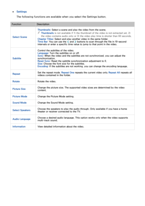 Page 958889
 
●Settings
The following functions are available when you select the Settings button.
Function Description
Select Scene Thumbnails: Select a scene and play the video from the scene.
 
"Thumbnails is not available if 1) the thumbnail of the video is not extracted yet, 2) 
the video contains audio only or 3) the video play time is shorter than 60 seconds.
Chapter Titles : Select and play another video in the same folder.
Time Bar: You can use the  ¡ and 
£ buttons to scan through the file in...