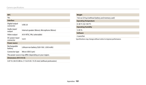 Page 162Camera specifications
Appendixes  161
NFC
Ye s
Interface
Digital output 
connectorUSB 2.0
Audio input/
output Internal speaker (Mono), Microphone (Mono)
Video output A/V: NTSC, PAL (selectable)
DC power input 
connector 5.0 V
Power source
Rechargeable 
batteryLithium-ion battery (SLB-10A, 1,030 mAh)
Connector type Micro USB (5 pin)
The power source may differ depending on your region.
Dimensions (W X H X D)
4.47 X 2.56 X 0.98 in. (113.6 X 65.1 X 25 mm) (without protrusions)
Weight
7.62 oz (216 g)...