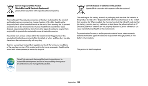 Page 167Appendixes  166
Correct Disposal of This Product  
(Waste Electrical & Electronic Equipment)
 (Applicable in countries with separate collection systems)
 
 
This marking on the product, accessories, or literature indicates that the product 
and its electronic accessories (e.g. charger, headset, USB cable) should not be 
disposed of with other household waste at the end of their working life. To prevent 
possible harm to the environment or human health from uncontrolled waste 
disposal, please separate...