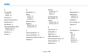 Page 168Appendixes  167
A
AF-assist light
Location  21
Settings  142
AF Sound  139
Aperture Priority mode  48
Aperture value  47
Auto Backup  127
Auto Contrast Balance (ACB)
Playback mode  101
Shooting mode  81
AutoShare  120
A/V port  21
B
Baby Monitor  125
Battery
Caution  152
Charging  25
Inserting  24
Best face mode  54
Brightness
Playback mode  101
Shooting mode  80
C
Camera maintenance  146
Camera specifications  158
Capturing an image from video  103
Charging  25
Cleaning
Camera body  146
Display  146...
