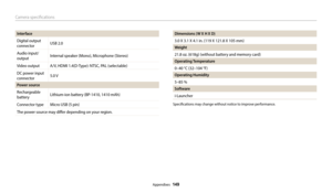 Page 150Camera specifications
Appendixes  149
Interface
Digital output 
connectorUSB 2.0
Audio input/
output Internal speaker (Mono), Microphone (Stereo)
Video output A/V, HDMI 1.4(D-Type): NTSC, PAL (selectable)
DC power input 
connector 5.0 V
Power source
Rechargeable 
batteryLithium-ion battery (BP-1410, 1410 mAh)
Connector type Micro USB (5 pin)
The power source may differ depending on your region.
Dimensions (W X H X D)
3.0 X 3.1 X 4.1 in. (119 X 121.8 X 105 mm)
Weight
21.8 oz. (618g) (without battery and...
