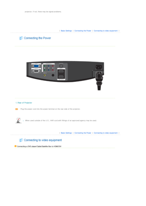 Page 22 
 
 projector. If not, there may be signal problems.
 
 
 
| Basic Settings| Connecting the Power| Connecting to video equipment| 
 
 
 
  
 
  
 
   
1. Rear of Projector 
  
Plug the power cord into the power terminal on the rear side of the projector. 
 
When used outside of the U.S., HAR cord with fittings of an approved agency may be used.
 
 
 
| Basic Settings| Connecting the Power| Connecting to video equipment| 
 
 
 
 Connecting a DVD player/Cable/Satellite Box to HDMI/DVI
  