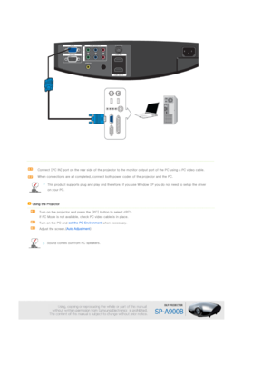 Page 26 
 
 
Connect [PC IN] port on the rear side of the projector to the monitor output port of the PC using a PC video cable. 
When connections are all completed, connect both power codes of the projector and the PC.
This product supports plug and play and therefore, if you use Window XP you do not need to setup the driver 
on your PC.
  
 Using the Projector  
  Turn on the projector and press the [PC] button to select . 
If PC Mode is not available, check PC video cable is in place. 
 
Turn on the PC and...