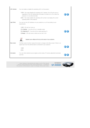 Page 33 
 
LED IndicatorYou can enable or disable the  operating LED's on the product. 
 
  1) Off  : This mode disables the operatin g LED. However, the LED will come on 
regardless of the LED setting when the power is turned on or of f or when the 
projector is in an abnormal state.
  2) On  : This mode enables the operating  LED so that it can display the current 
operating state of the projector. 
Light Effect  You can turn the LED indicators  on your projector on or off according to your 
requirements....
