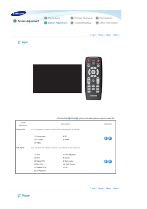 Page 25 
 
 |  Input | Picture | Setup | Option | 
 
 
 
 
* Click the Play( )/Stop( ) button in the table below to view the  video file. 
Screen 
Adjustment  Description  Play/Stop 
Source List  You can select a device connecte d to the projector to display. 
  1) Component   4) PC 
2) S-Video  5) HDMI
3) Video   
Edit NameYou can edit the names of device s connected to the projector. 
  1) VCR  7) DVD Receiver 
2) DVD  8) Game
3) Cable STB   9) Camcorder 
4) HD STB   10) DVD Combo 
5) Satellite STB   11) PC...