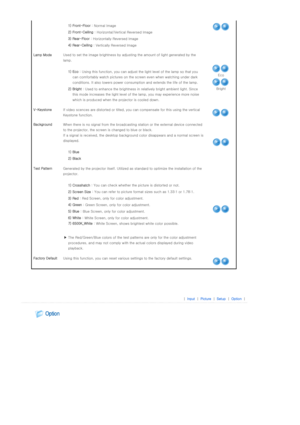 Page 29 
 
 1) Front-Floor  : Normal Image
  2) Front-Ceiling  : Horizontal/Vertical Reversed Image
  3) Rear-Floor  : Horizontally Reversed Image
  4) Rear-Ceiling  : Vertically Reversed Image
Lamp Mode  Used to set the image  brightness by adjusting the amount of lig ht generated by the 
lamp.  
 
  1) Eco  : Using this function, you can a djust the light level of the lamp so that you 
can comfortably watch pictures on the screen even when watching  under dark 
conditions. It also lowers power consumption and...