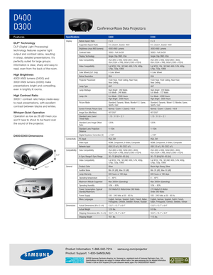 Page 2
D400
D300Conference Room Data Projectors
©2009 Samsung Electronics America, Inc. Samsung is a registered mark of Samsung Electronics Corp., Ltd. Specifications and design are subject to change without notice. See www.samsung.com for detailed information. Printed in USA on 50% recycled (25% post-consumer waste) paper. PRJ-D400D300DSHT-Mar09T
Product Information: 1-866-542-7214  samsung.com/projector
Product Support: 1-800-SAMSUNG
6.4"
13.5"13.7"
Features
DLP® Technology   
DLP ( Digital Light...