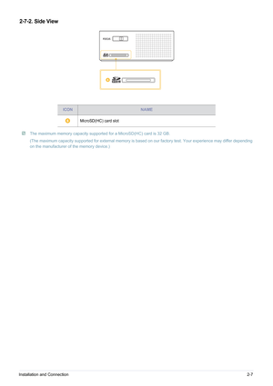 Page 17Installation and Connection2-7
2-7-2. Side View
 The maximum memory capacity supported for a MicroSD(HC) card is 32 GB.
(The maximum capacity supported for external memory is based on our factory test. Your experience may differ depending 
on the manufacturer of the memory device.)
 
ICONNAME
MicroSD(HC) card slot
FOCUS 