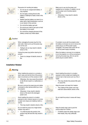 Page 61-3Major Safety Precautions
Caution
Installation Related 
Warning
Precautions for handling the battery.
• Do not use an unapproved battery. It 
may explode.
• Do not apply a strong force to the  battery or attempt to make a hole in the 
battery.
• Neither heat the battery nor store it in a  place with a high temperature, such as 
a car interior in the summer.
• Do not let the battery get wet.
• Do not let your child or pet suck or hold  the battery in his mouth.
• Do not let the charging terminal of the...