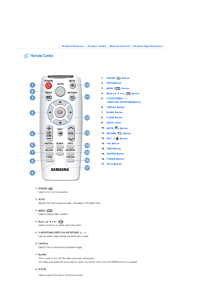 Page 12 
 
 
 
  
 
 
 |  Product Features | 
Product Views | 
Remote Control | 
Product Specifications | 
 
 
 
 
 
 
1.
POWER ( ) Button
2.AUTO Button
3. MENU ( ) Button
4.Move (▲  ▼  ◀  ▶)/( ) Button
5. V.KEYSTONE(+/-)  
(VERTICAL KEYSTONE)Button
6. INSTALL Button
7. BLANK Button
8. P.SIZE Button 
9. QUICK utton
10. MUTE ( ) Button
11.RETURN ( ) Button
12.EXIT ( ) Button
13.VOL Button
14. INFO Button
15. SOURCE Button
16. P.MODE Button
17. STILL Button
  
1. POWER ( )  
Used to turn on the projector. 
 
2....