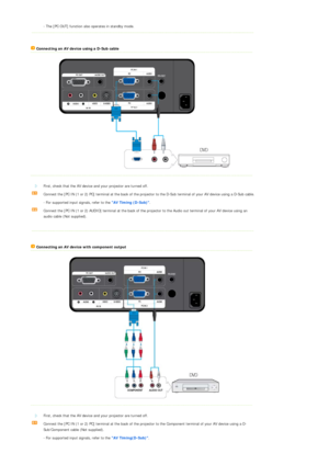 Page 21 
 
  - The [PC OUT] function also operates in standby mode.  
 
 Connecting an AV device using a D-Sub cable
 
 
 
 
 
First, check that the AV device an d your projector are turned off. 
Connect the [PC IN (1 or 2) PC] terminal at the back of the projector to the D-Sub terminal of your AV device using a D-Sub cab le. 
  - For supported input signals, refer to the  AV Timing (D-Sub).  
Connect the [PC IN (1 or 2) AUDIO] terminal at the back of the  projector to the Audio out terminal of your AV device...