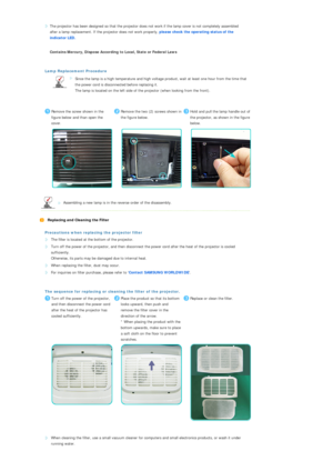 Page 34  
 
The projector has been designed so that the projector does
 not work if the lamp cover is not completely assembled 
after a lamp replacement. If the projector does not work properly,  please check the operating status of the 
indicator LED.
  
  Contains Mercury, Dispose According to Local, State or Federal Laws  
Lamp Replacement Procedure
 
Since the lamp is a high temperature and high voltage  product, wait at least one hour from the time that 
the power cord is disconnected before replacing it....