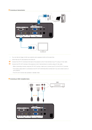 Page 21 
 
 
 Connecting an External Monitor 
 
 
 
 
 
You can view an image on both your projector and a separate mon itor at the same time. 
 
Check that your PC and projector are turned off.
Connect the [PC IN 1] terminal at the back of the projector to the D-Sub terminal of your PC using a D-Sub cable. 
Connect the [PC OUT] terminal of the projector to the D-Sub terminal of a monitor using a D-Sub cable. 
  - When connecting a monitor using the [PC OUT] function, make  sure to connect your PC to the [PC IN...