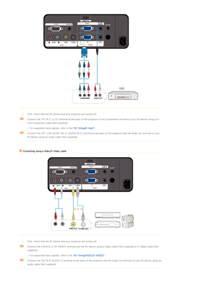 Page 23 
  
 
 
 
First, check that the AV device and your projector are turned o ff. 
Connect the [PC IN (1 or 2)] terminal at the back of the projec tor to the Component terminal of your AV device using a D-
Sub/Component cable (Not supplied). 
  - For supported input signals, refer to the  "AV Timing(D-Sub)".  
Connect the [PC 1/DVI AUDIO IN] or [AUDIO IN 2] terminal at the  back of the projector and the Audio out terminal of your 
AV device using an audio cable (Not supplied). 
 
 Connecting using a...