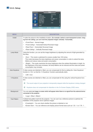 Page 423-5Using
 3-5-3. Setup
MENUDESCRIPTION
Install To tailor the picture to the installation location, (for example, behind a semi-transparent screen, hang-
ing from the ceiling), you can invert the projected images vertically / horizontally. 
•  : Normal Image 
•  : Horizontal/Vertical Reversed Image 
•  : Horizontally Reversed Image 
•  : Vertically Reversed Image 
Lamp Mode  Using this function, you can set the image brightness by adjusting the amount of light generated by 
the lamp.
•  : This mode is...