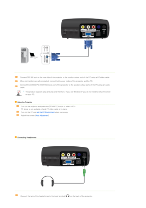 Page 20 
 
 
Connect [PC IN] port on the rear side of the projector to the monitor output port of the PC using a PC video cable. 
When connections are all comple ted, connect both power codes of  the projector and the PC.
Connect the [VIDEO/PC AUDIO IN]  input port of the projector to the speaker output ports of the PC using an audio 
cable. 
This product supports plug and p lay and therefore, if you use Window XP you do not need to setup the driver 
on your PC.
    Using the Projector   
  Turn on the...