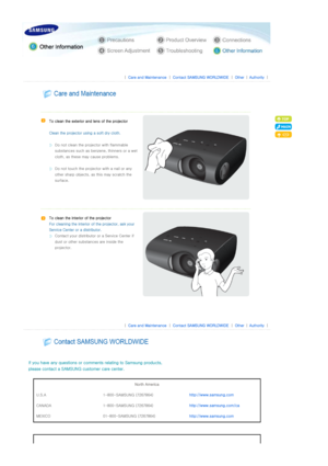 Page 30 
 
 |  Care and Maintenance | Contact SAMSUNG WORLDWIDE | Other |Authority | 
 
 
 
  
   
To clean the exterior and lens of the projector 
 
Clean the projector us ing a soft dry cloth. 
 
Do not clean the projector with flammable 
substances such as benzene, thinners or a wet 
cloth, as these ma y cause problems. 
 
Do not touch the project or with a nail or any 
other sharp objects, as  this may scratch the 
surface.  
   
To clean the interior of the projector 
For cleaning the interior o f the...