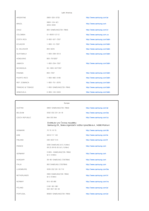 Page 31 
Latin America 
ARGENTINE 0800-333-3733 http://www.samsung.com/ar
BRAZIL 0800-124-421 
4004-0000 http://www.samsung.com
CHILE 800-SAMSUNG(726-7864) http://www.samsung.com/cl
COLOMBIA 01-8000112112 http://www.samsung.com.co
COSTA RICA 0-800-507-7267 http://www.samsung.com/latin
ECUADOR 1-800-10-7267 http://www.samsung.com/latin
EL SALVADOR 800-6225 http://www.samsung.com/latin
GUATEMALA 1-800-299-0013 http://www.samsung.com/latin
HONDURAS 800-7919267 
JAMAICA 1-800-234-7267 http://www.samsung.com/latin...