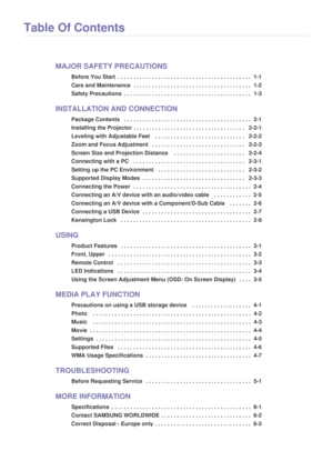 Page 2Table Of Contents
MAJOR SAFETY PRECAUTIONS
Before You Start  . . . . . . . . . . . . . . . . . . . . . . . . . . . . . . . . . . . . . . . . . . .  1-1
Care and Maintenance  . . . . . . . . . . . . . . . . . . . . . . . . . . . . . . . . . . . . . .  1-2
Safety Precautions  . . . . . . . . . . . . . . . . . . . . . . . . . . . . . . . . . . . . . . . . .  1-3
INSTALLATION AND CONNECTION
Package Contents   . . . . . . . . . . . . . . . . . . . . . . . . . . . . . . . . . . . . . . . . .  2-1
Installing...