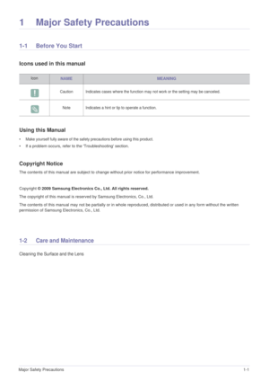Page 3Major Safety Precautions1-1
1 Major Safety Precautions
1-1 Before You Start
Icons used in this manual
Using this Manual
• Make yourself fully aware of the safety precautions before using this product.
• If a problem occurs, refer to the Troubleshooting section.
Copyright Notice
The contents of this manual are subject to change without prior notice for performance improvement.
Copyright © 2009 Samsung Electronics Co., Ltd. All rights reserved.
The copyright of this manual is reserved by Samsung...