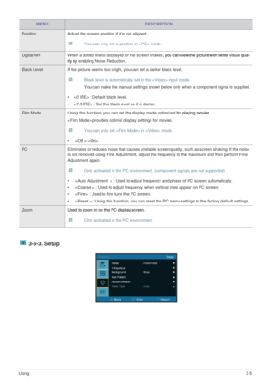 Page 25Using3-5
 3-5-3. Setup
Position Adjust the screen position if it is not aligned.
 You can only set a position in  mode. 
Digital NR When a dotted line is displayed or the screen shakes, you can view the picture with better visual qual-
ity by enabling Noise Reduction. 
Black Level If the picture seems too bright, you can set a darker black level.
 Black level is automatically set in the  input mode.
You can make the manual settings shown below only when a component signal is supplied.
 
•  : Default...